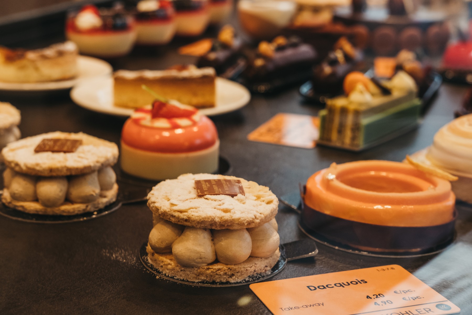 array of desserts in a Luxembourg cafe